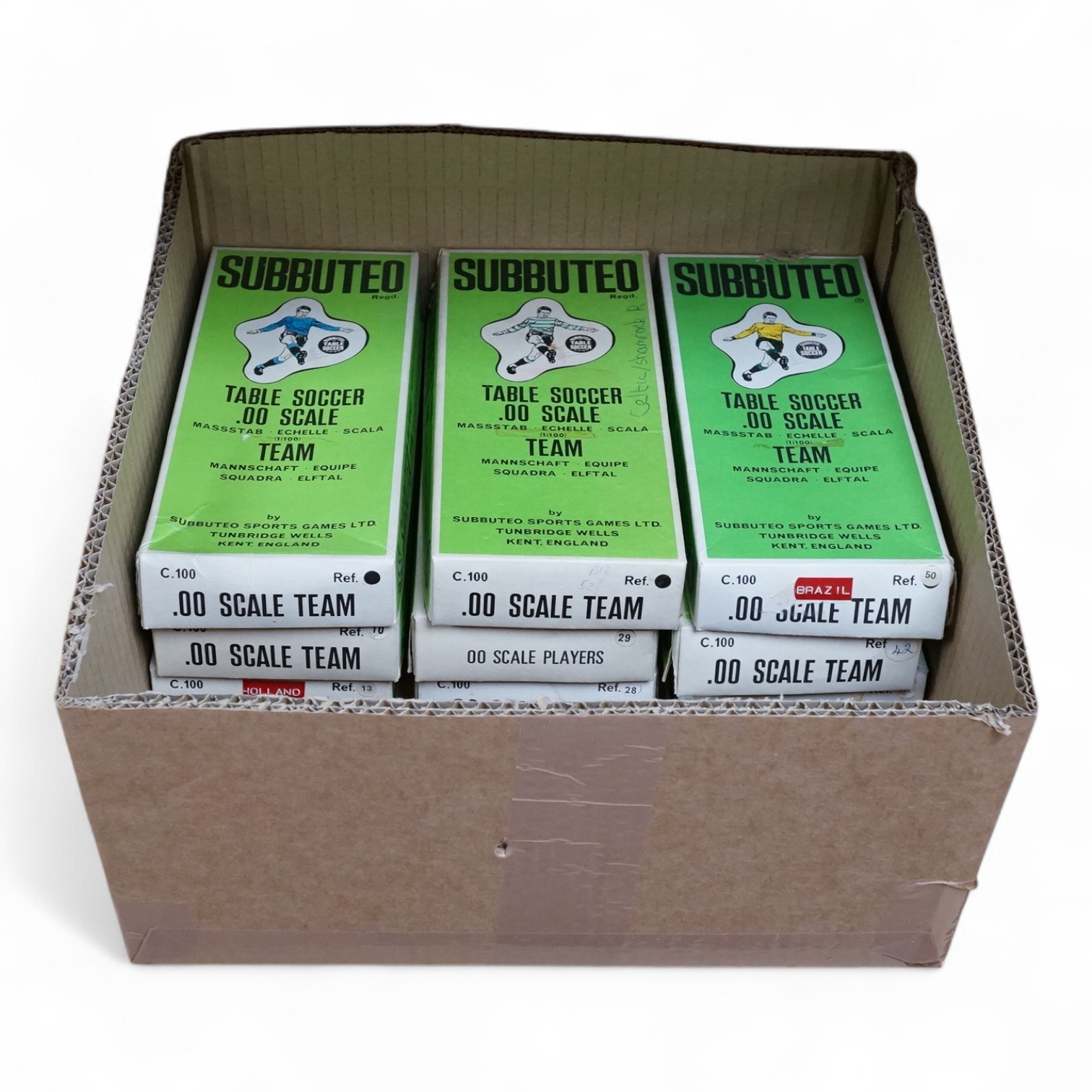 Nine 1970s boxed Subbuteo football teams, including; Germany, Brazil and Holland, reference numbers; 10, 13, 28, 29, 41, 42, 50, etc. Condition - fair to good, all complete, with some wear/damage to boxes.
